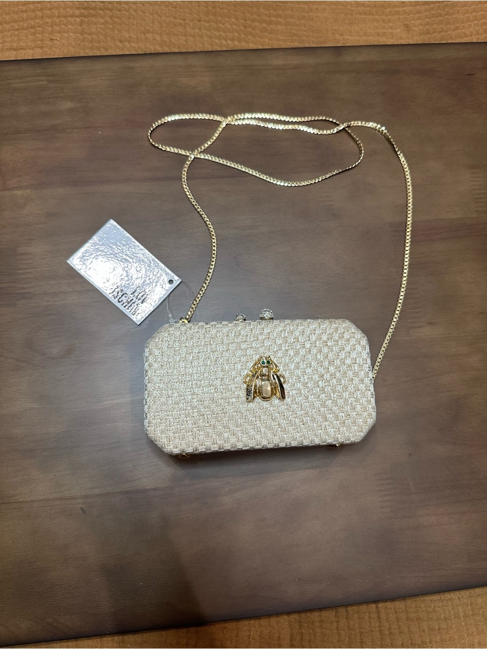 Love Moschino Gold Chain Cream Woven Evening Clutch with Bee Accent